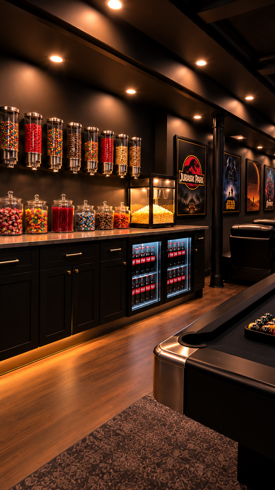 Snack bar with candy dispensers, glass jars, popcorn machine, and stocked beverage fridges