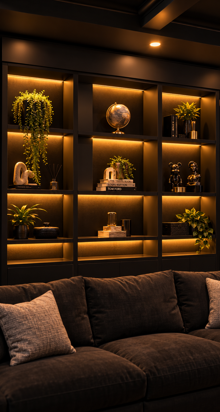 Built-in display shelving with warm LED lighting behind a charcoal sofa