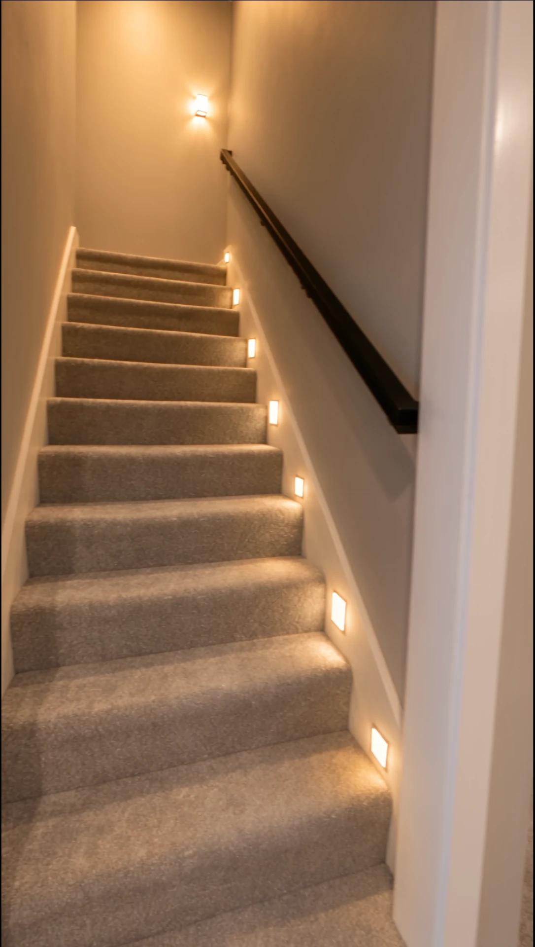 Carpeted staircase with recessed step lights and dark handrail