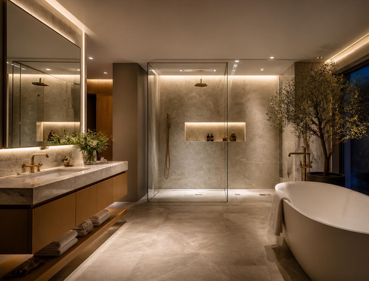Luxury spa bathroom with marble tile, floating wood vanity, frameless glass shower, and freestanding soaking tub