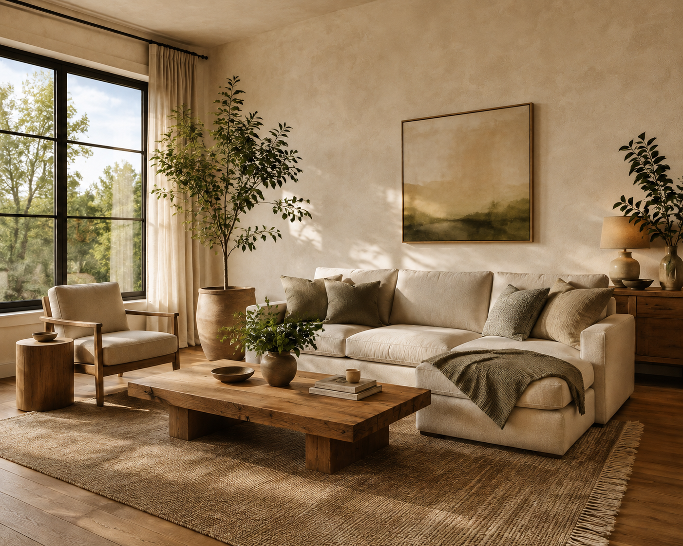 Living room with lime wash painted walls and warm natural light