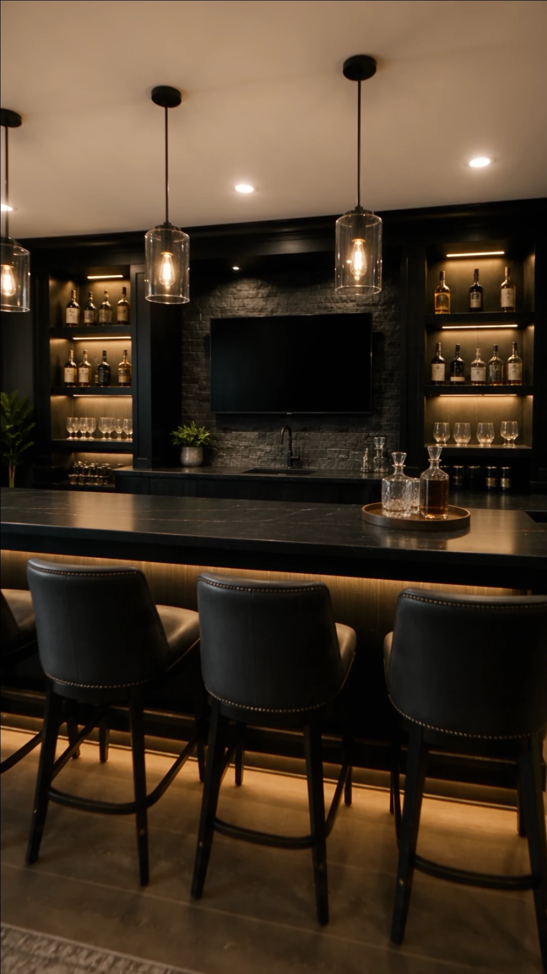 Barstools and pendant lights at the basement bar with backlit liquor shelves