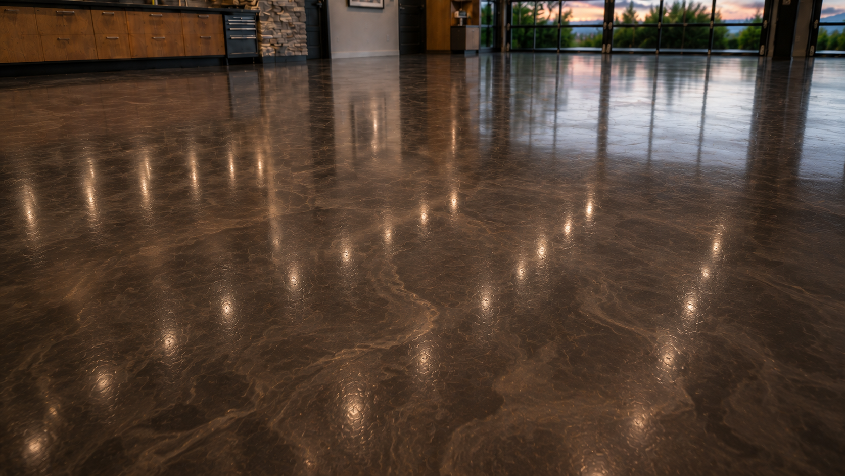 Close-up of the swirling metallic epoxy floor finish