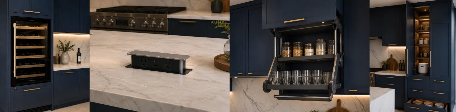 Kitchen amenities: wine cooler, pull-up socket, pocket pantry, and pull-down shelving