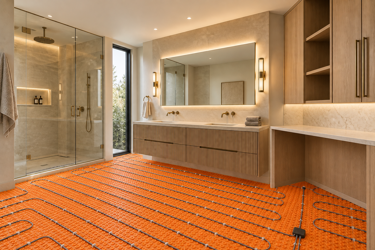 Bathroom during heated floor installation with radiant heating cables