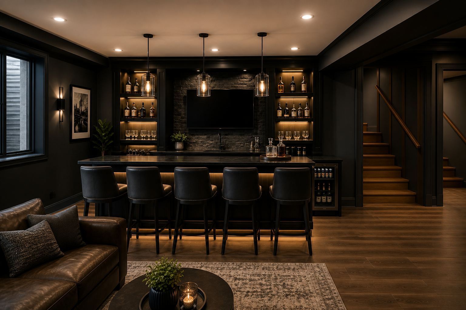 Basement bar and lounge with lit display shelves, barstools, pendant lights, and staircase