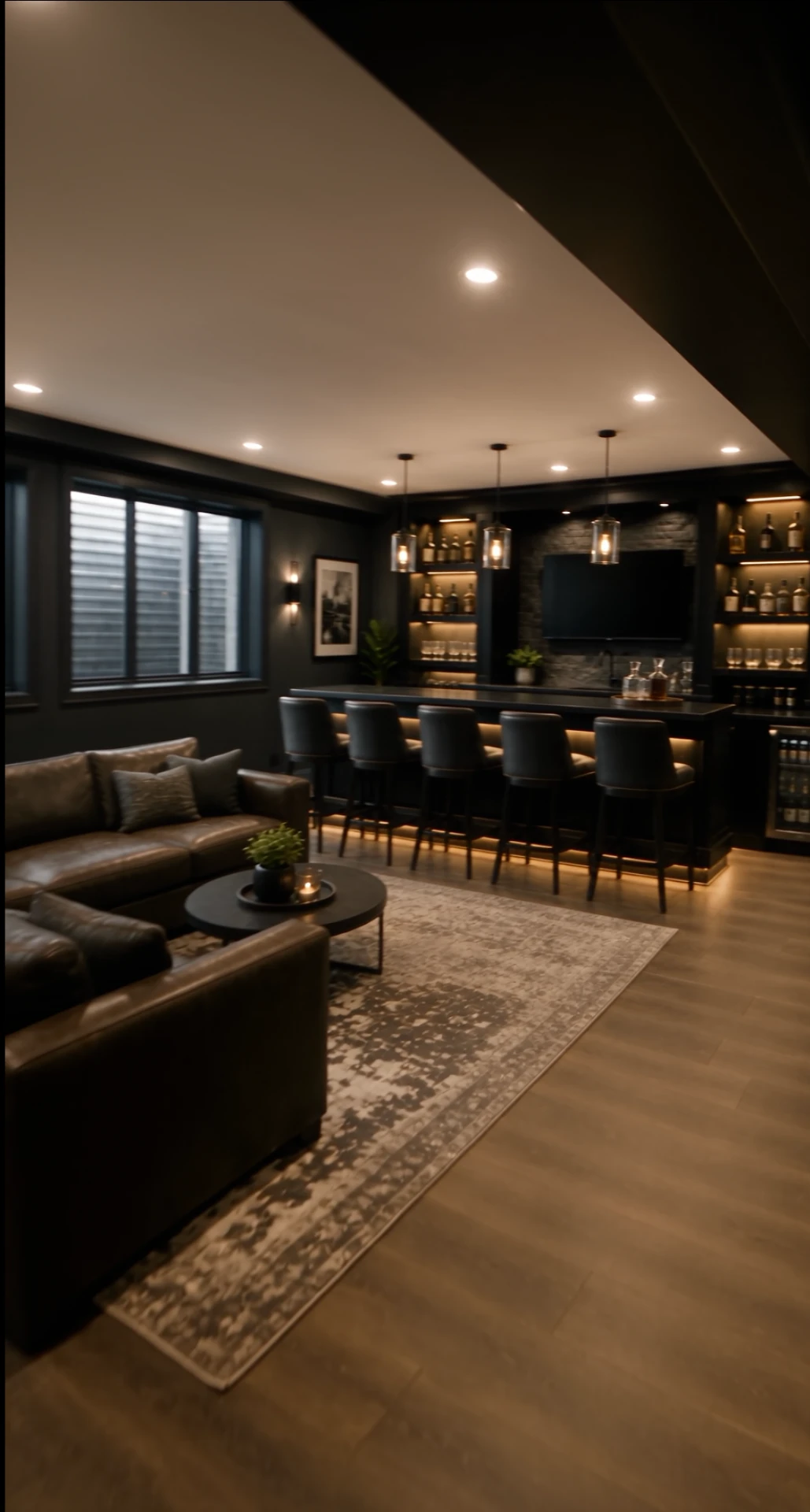 Basement lounge with leather sofa, rug, and the full wet bar