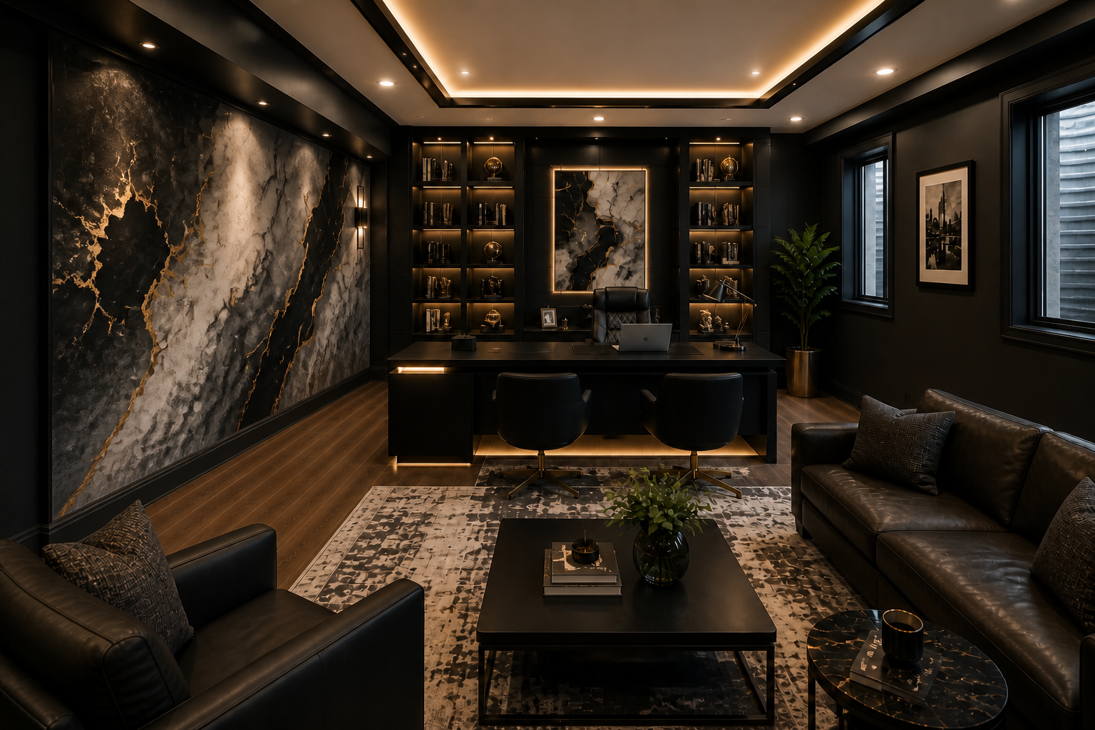 Basement office with backlit marble wall, illuminated bookshelves, and lounge seating