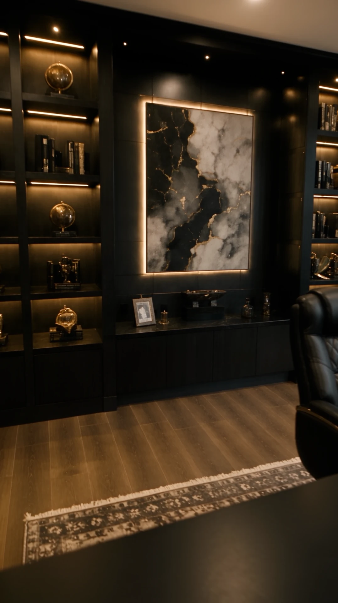Warm-lit display shelving and marble wall panel in the basement office