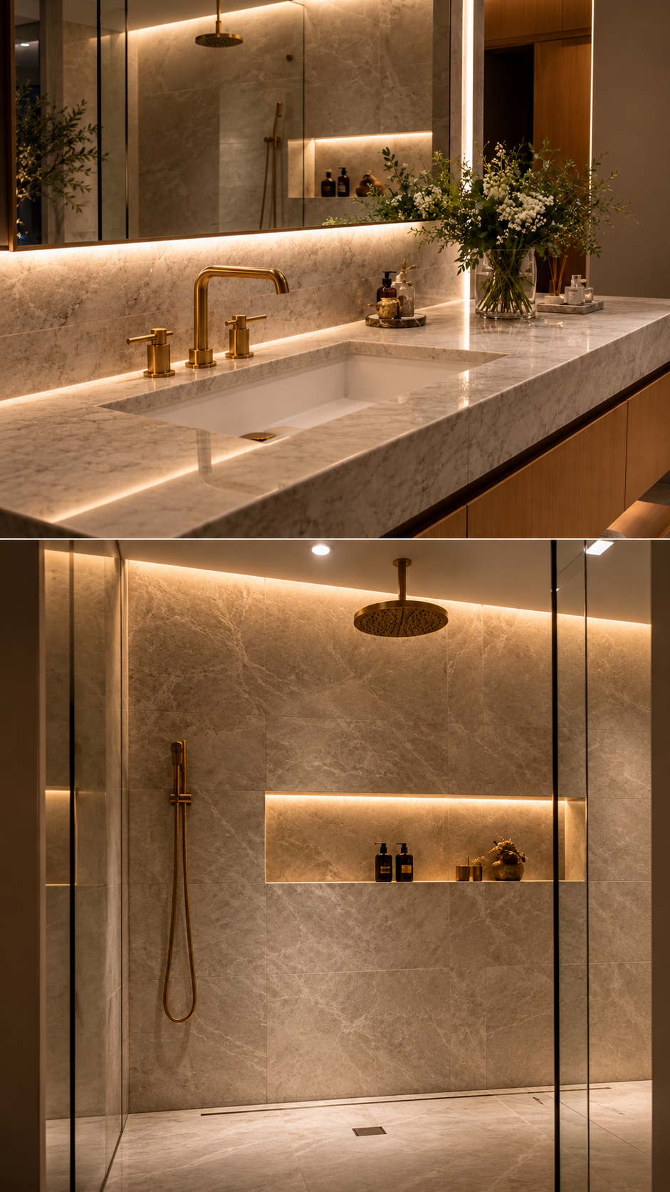 Vanity close-up with brass faucet and backlit mirror above a shower detail with brass rain head and illuminated niche