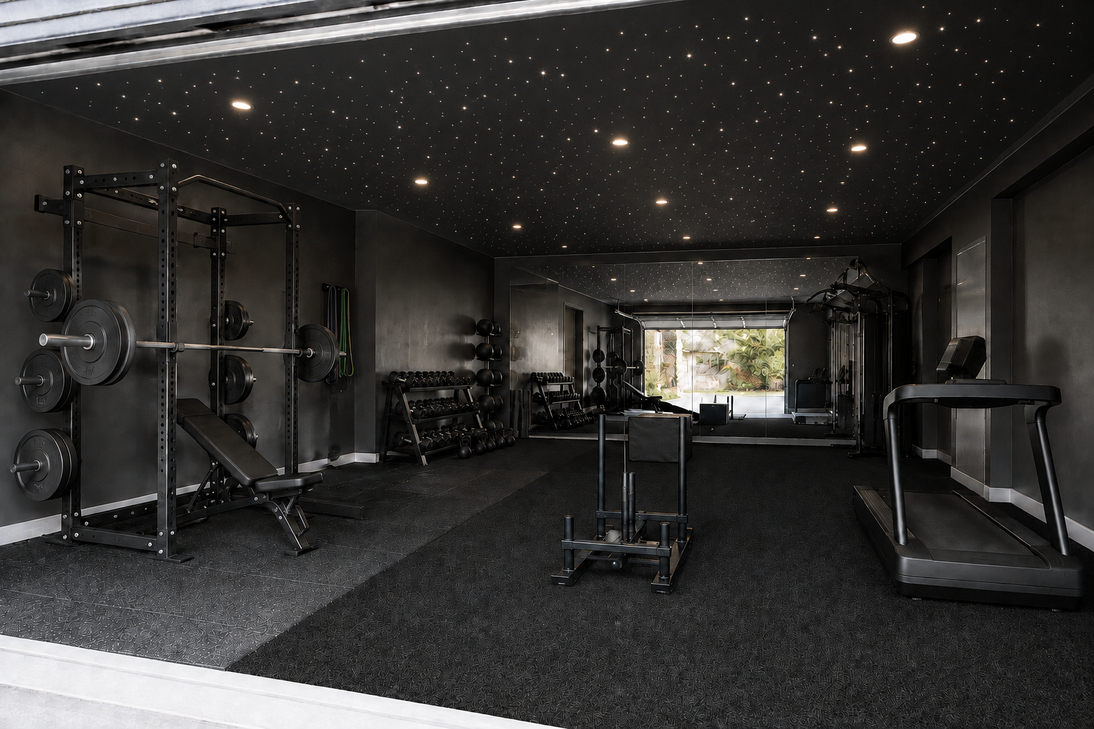 Garage transformed into a fully equipped home gym with textured walls and starlight ceiling