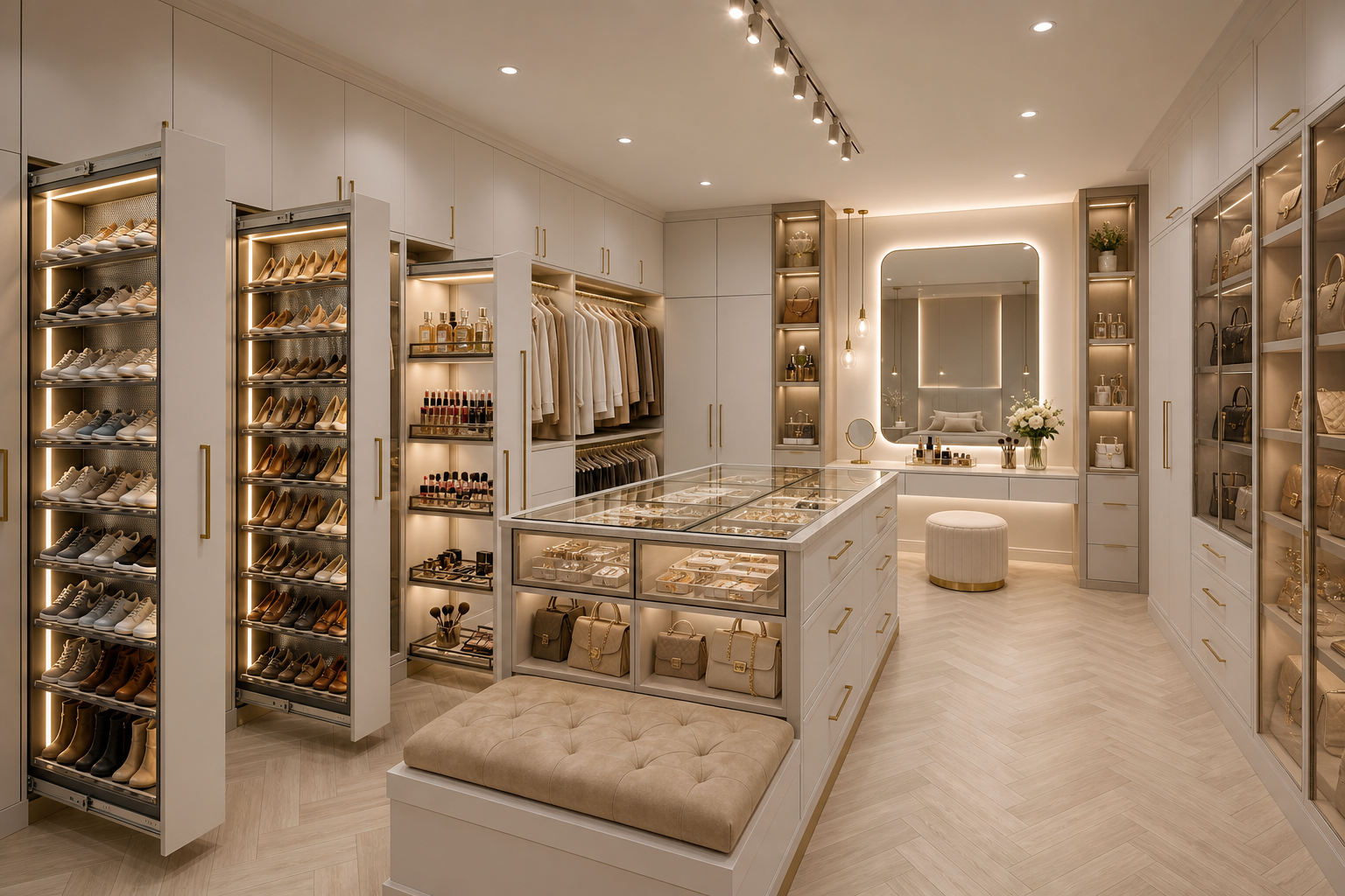 Custom walk-in closet with island seating and illuminated display cabinetry