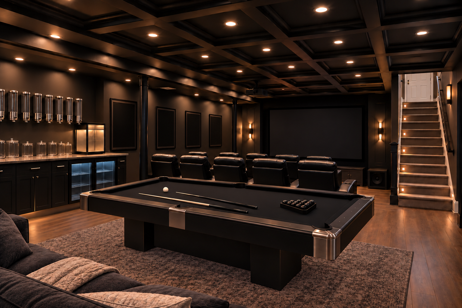 Finished basement home theater with pool table, tiered recliners, projection screen, and snack bar