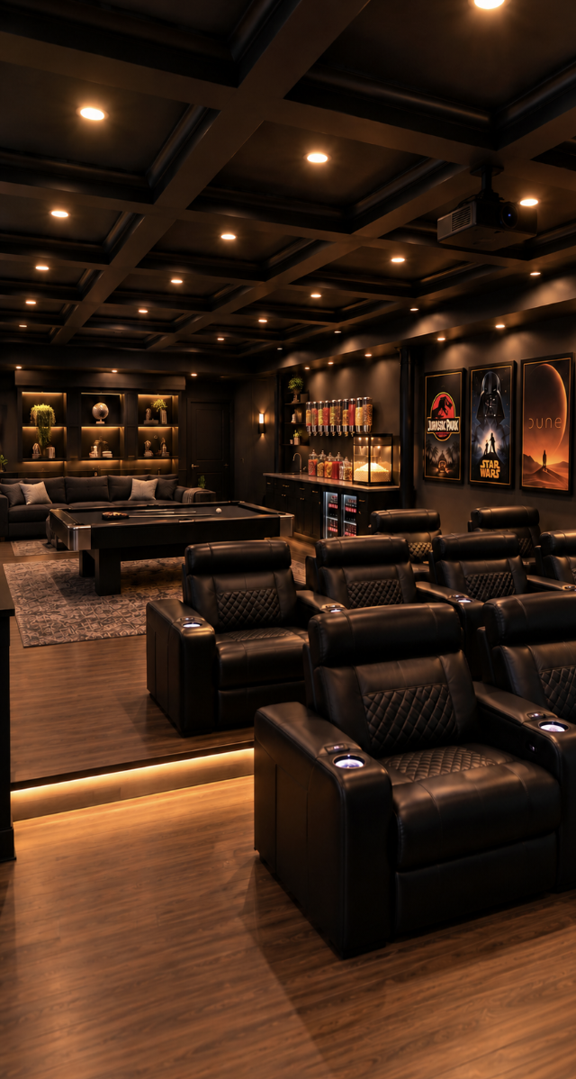 Tiered black leather recliners with lit cup holders and a projector under a coffered ceiling