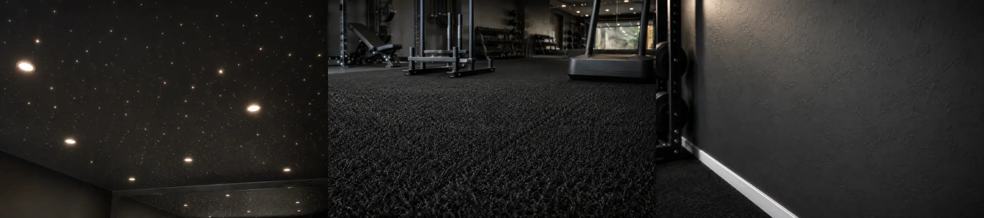 Garage gym details: starlight ceiling, mirror wall, and turf flooring