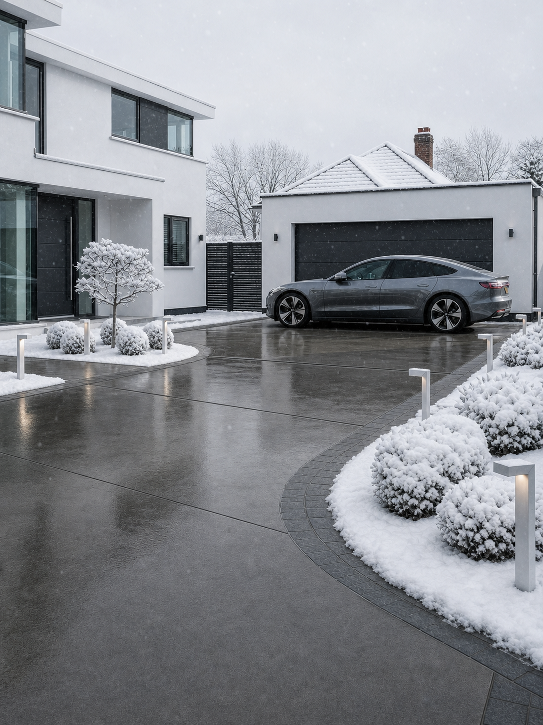 Completed heated driveway free of snow in winter