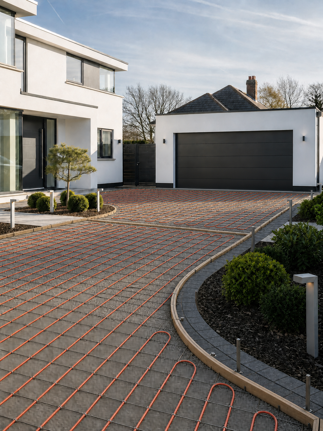 Heated driveway installation with radiant heating cables