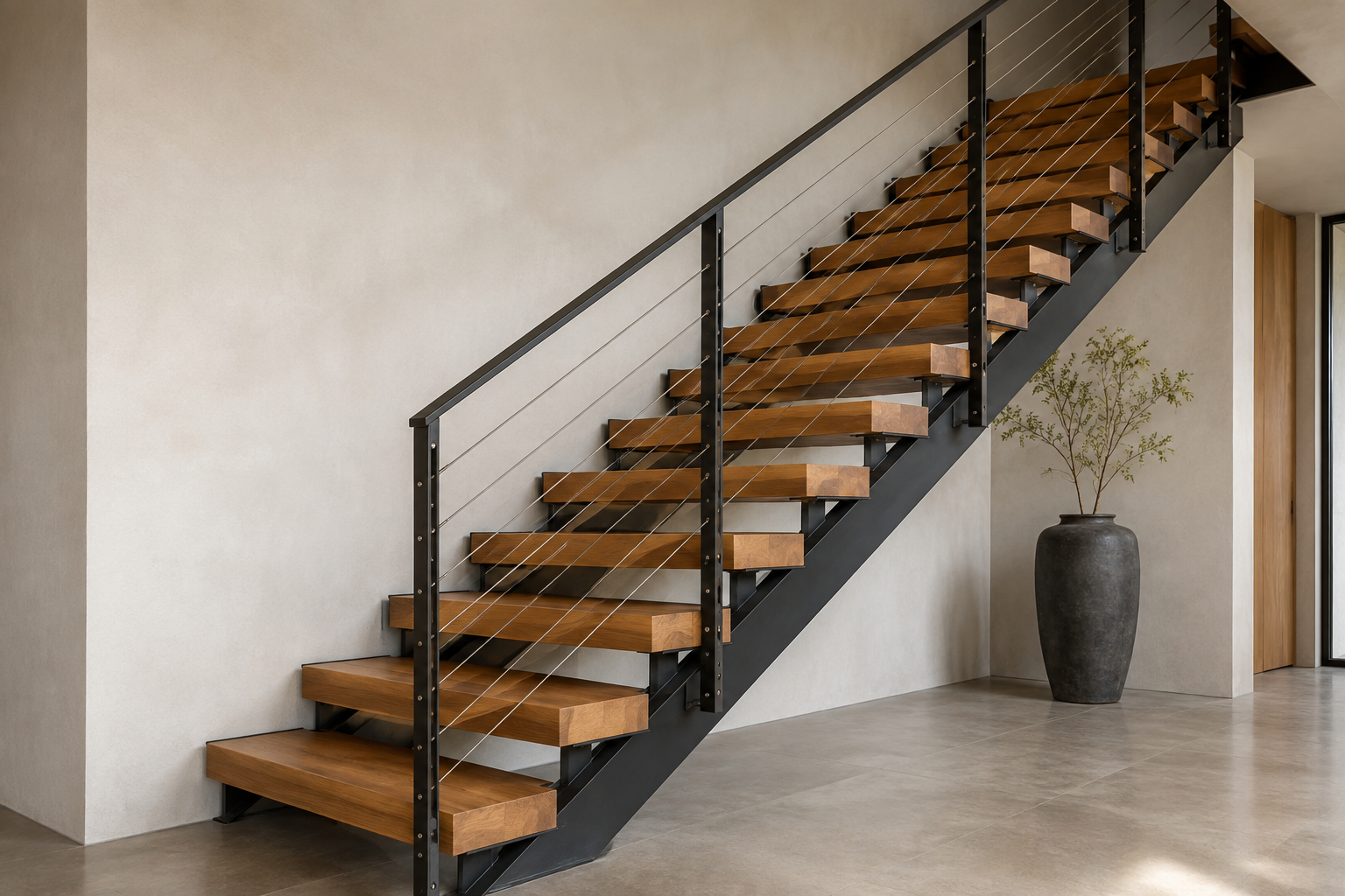 Floating staircase with modern metal and stainless steel wire railing