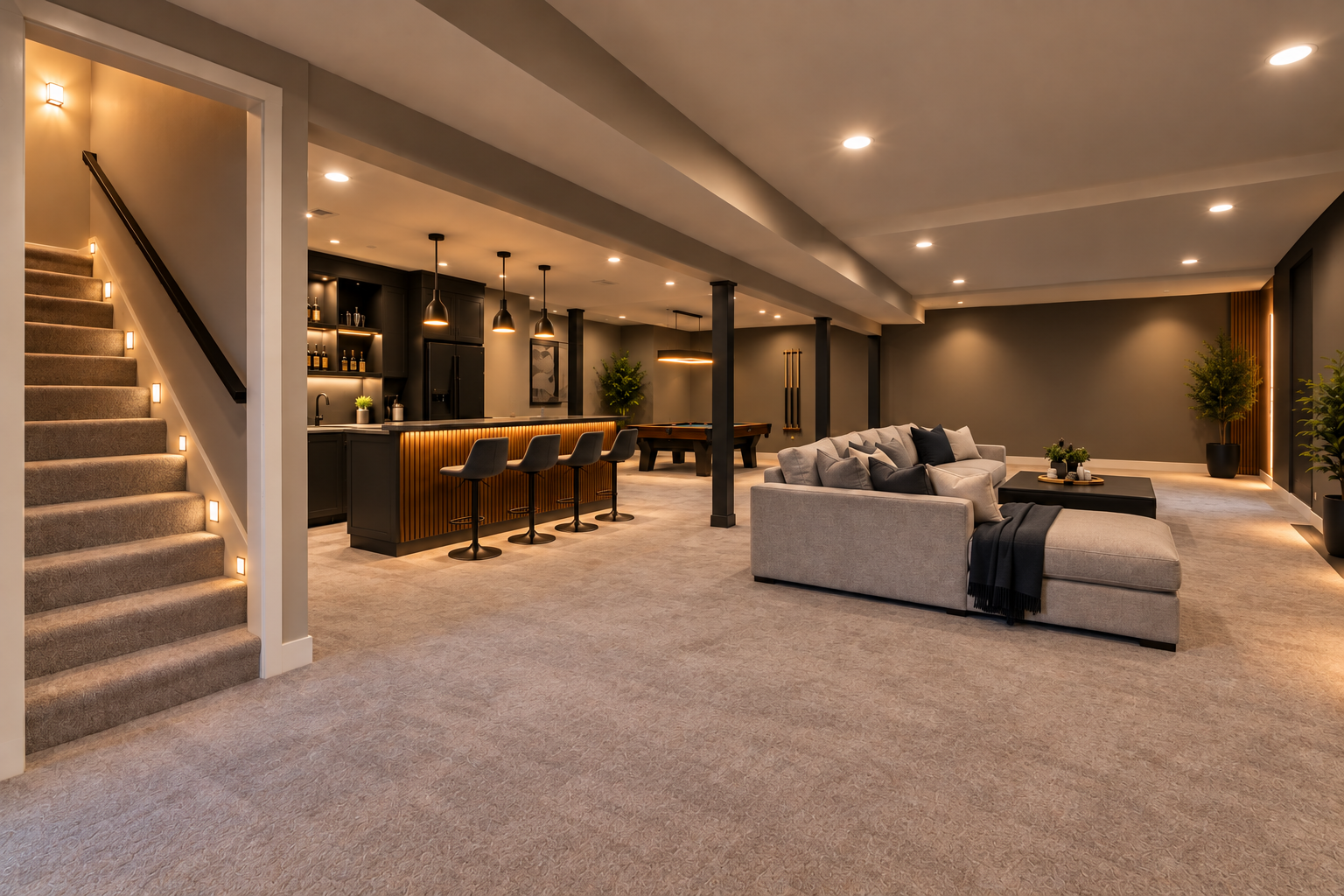 Full basement remodel with staircase, wet bar, pool table, and lounge seating