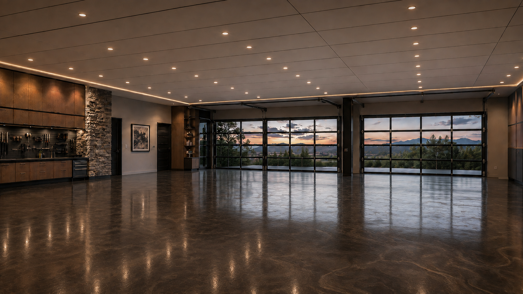 Spacious garage with reflective metallic epoxy flooring and sunset views through glass doors