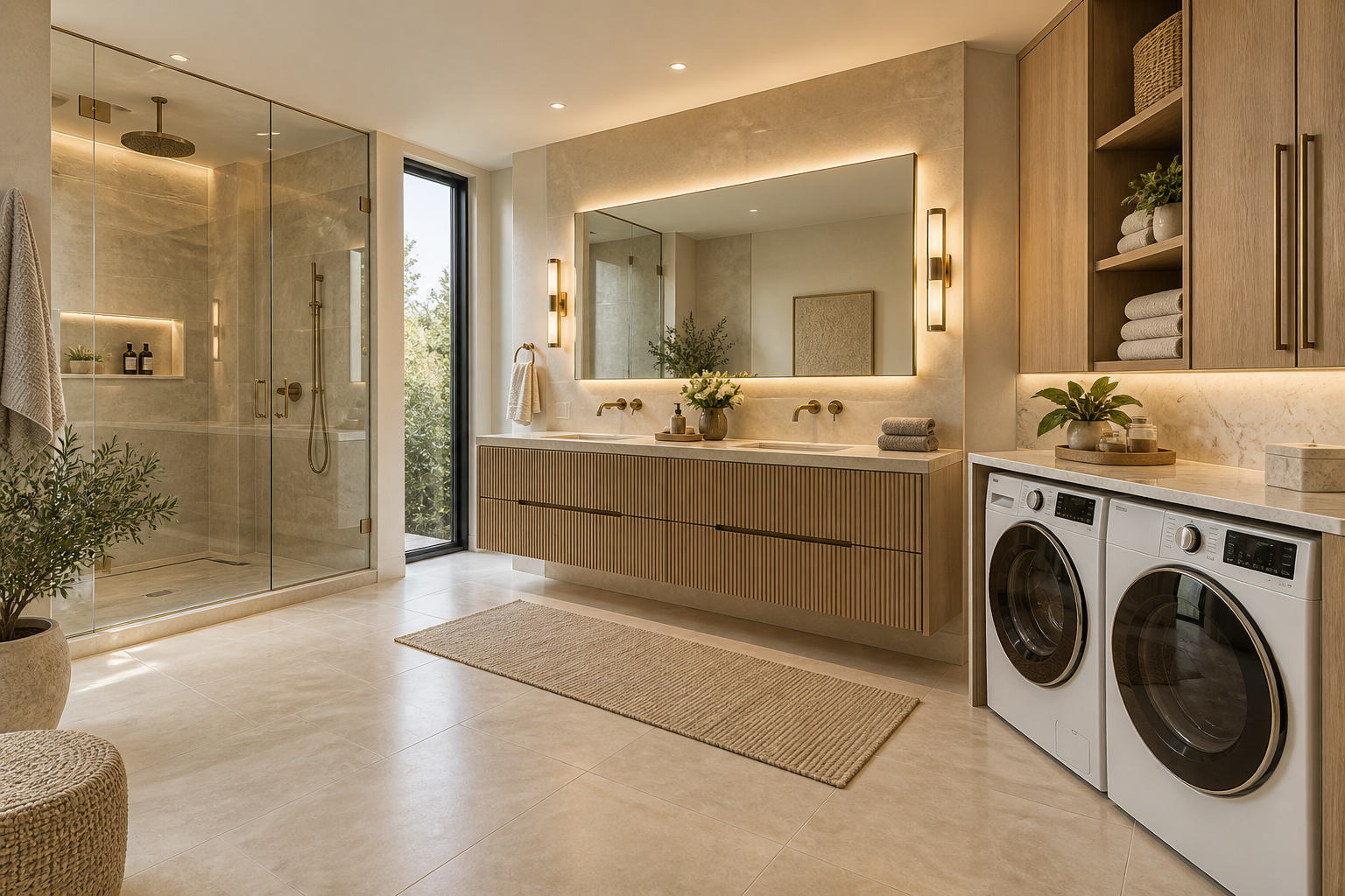 Completed luxury bathroom with heated floors and washer dryer area