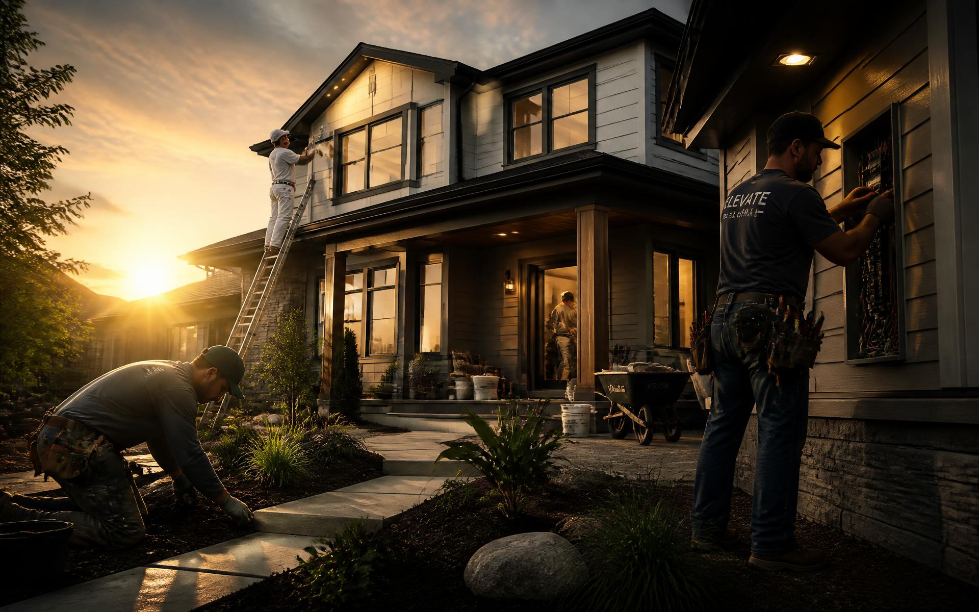 Modern two-story home at dusk with a team of tradespeople working outside